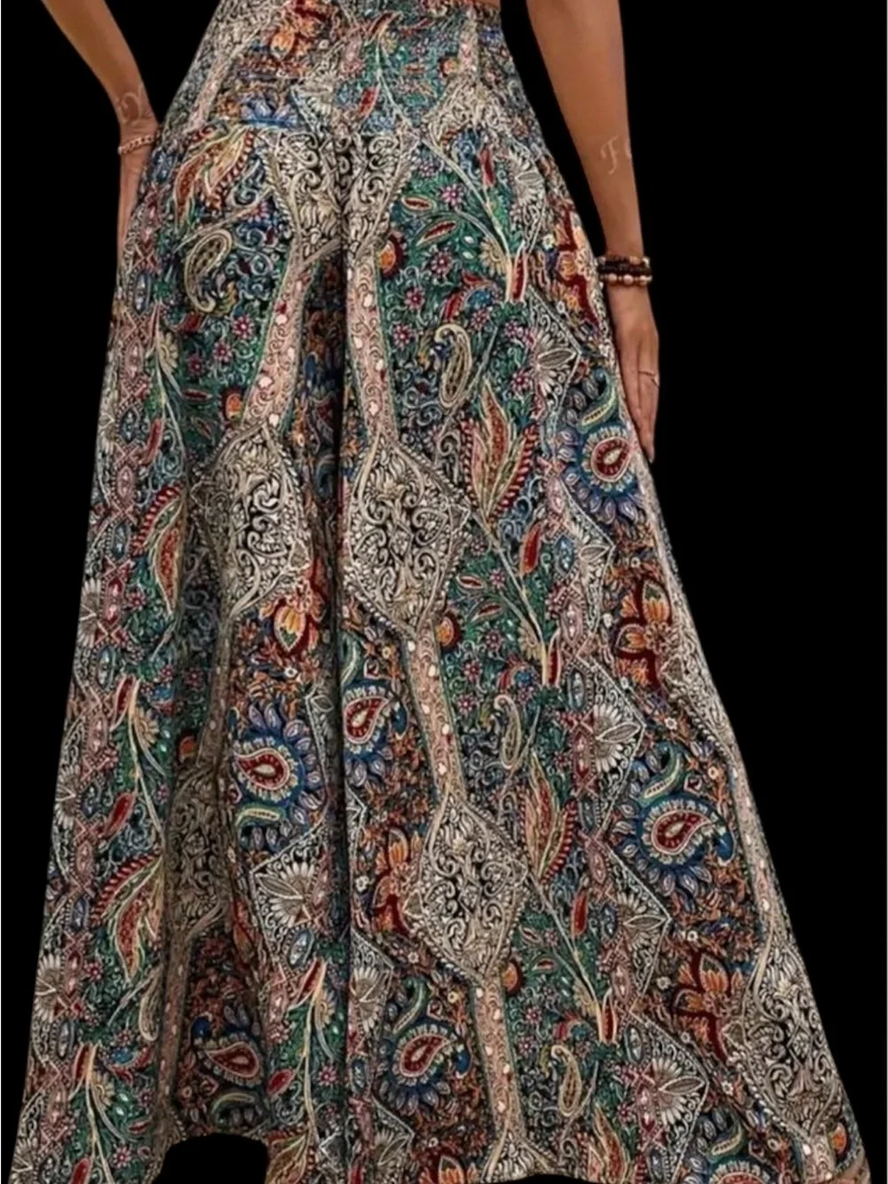 Boho Wide-Leg Paisley Palazzo Pants - Picture 2 of 6